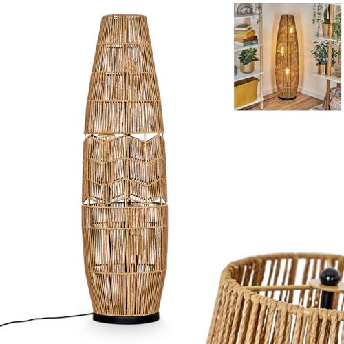 Lámpara de pie Karby, de metal/cuerda en negro/marrón/dorado, diseño boho con pantalla de rejilla (Ø 30 cm), altura 105 cm, interruptor de encendido/apagado en el cable, 3 x E27, sin bombilla