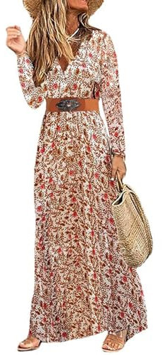 MessBebe Womens 2024 Floral Maxi Dress Wrap V Neck Long Sleeve Beach Party Flowy Long Boho Dresses with Belt Red