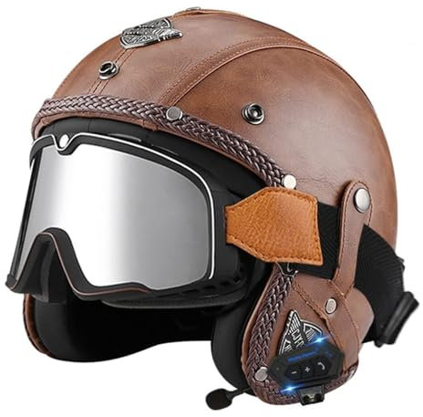 Motorradhelm Bluetooth Jethelm mit Schutzbrille Retro Pilotenhelm Qualität nach ECE-Norm Roller-Helm für Frauen und Herren im Vintage-Look, Motorrad-Helm mit Schutzbrille(11,L=59-60CM)