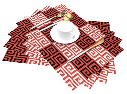 Red Key Square Modern Geometric PVC Woven Placemats, Anti-Stain and Oil-Proof Heat-Resistant Dinner Plate Mats, Kitchen Table Gathering Holiday Party Decorations., 6 PCS, Black