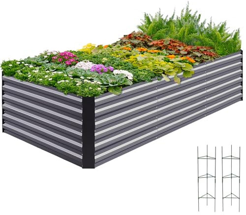Quictent Hochbeet Metall 244x122x56cm, Wetterfestes Erhöhte Extragroße Pflanzenbeet, Gemüsebeet Pflanzkasten Frühbeet mit Tomatenkäfigen, Gartenbeet für Garten,Grau