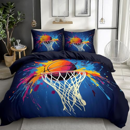 CozyRest 3 teilig Bettwäsche-Sets 135 x 200 cm Grau Blau - Bettbezug mit Bunter Basketball Muster, Mikrofaser mit Reißverschluss Atmungsaktiv Weich und Bügelfrei, Kissenbezug 80x80 cm