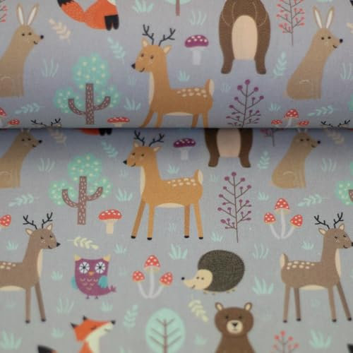Baumwollstoff BODO | Waldtiere | Ökotex | Meterware | ab 50x147cm | 3 Farben (grau)