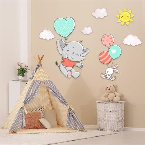 Wandsticker kinderzimmer, Wandaufkleber Kinderzimmer Tiere, Aufkleber Elefant mit Ballon, DIY Wandtattoo für Junge Mädchen Schlafzimmer Wanddeko