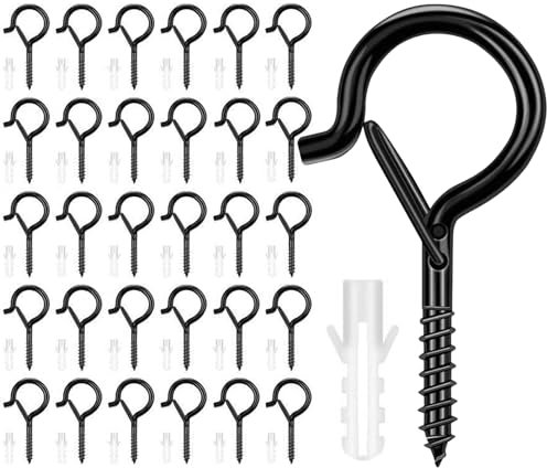 Yagurby 30 Stücke Metall Schraubhaken Schwarz Klein für Decke Wand - Hakenschrauben für Lichterketten, Windspiele, Pflanzenkörbe, Vogelhäuschen
