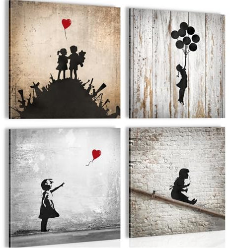 Novart Bilder Set Banksy Collage - KOMPLETT AUFHÄNGFERTIG - Grau Rot Orange Wohnzimmer Schlafzimmer - 4 Moderne Wandbilder - N039243a