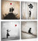 Novart Bilder Set Banksy Collage - KOMPLETT AUFHÄNGFERTIG - Grau Rot Orange Wohnzimmer Schlafzimmer - 4 Moderne Wandbilder - N039243a