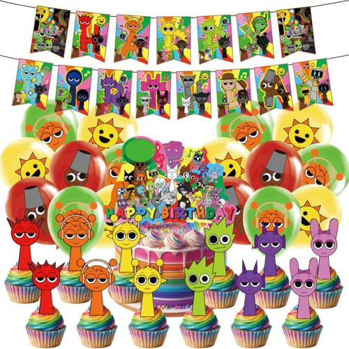 Sp-runki Birthday Party Supplies Include Happy Birthday Banner, Cake Topper and Cupcake Toppers, Balloons for Sp-runki Birthday Decorations 44PCS