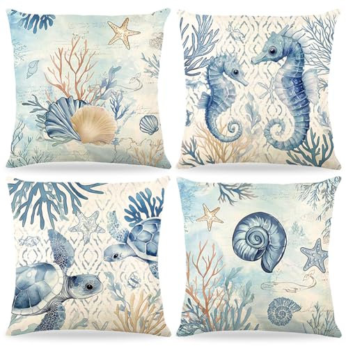 ZJILIXIA 4 Stück Kissenbezüge Strand 40x40 cm,Ozean Stil Leinen Kissenhülle,Seepferdchen Krabbe Seestern Ozean Dekorative Kissenhülle,Maritim Kissenbezug Für Bedroom Wohnzimmer Sofa Dekoration