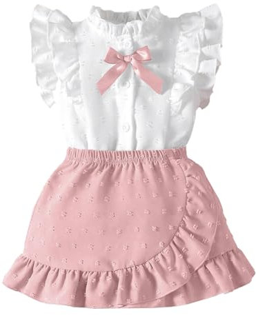 LUVCES Vestiti Bambina Gonna Set Senza Maniche Volant e Fiocco Davanti Camicia + Elegante a Pois Svizzeri Gonna 2 Pezzi Abbigliamento Estivo per Bambine Rosa 2-3 Anni