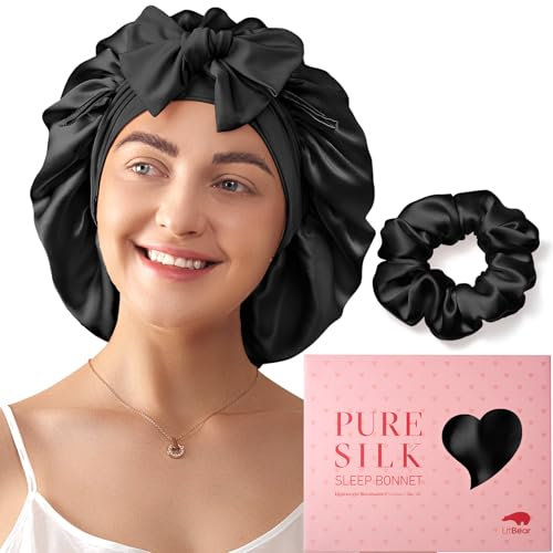LitBear 100% Mulberry Silk Bonnet for Sleeping Women, 22 Momme Double-Layered Grade-6A Silk Hair Bonnet for Sleeping, Hair Cap for Sleeping with Tie Band on Head, Includes Scrunchie(Black)