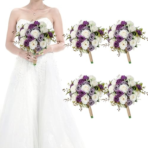 HOMENERGY Set of 4 Bridesmaid Bouquets for Wedding - 7 Inch Artificial Ivory Flower Bouquet for Party Ceremony Anniversary Dinning Table Centerpieces Decor - Dusty Purple & White
