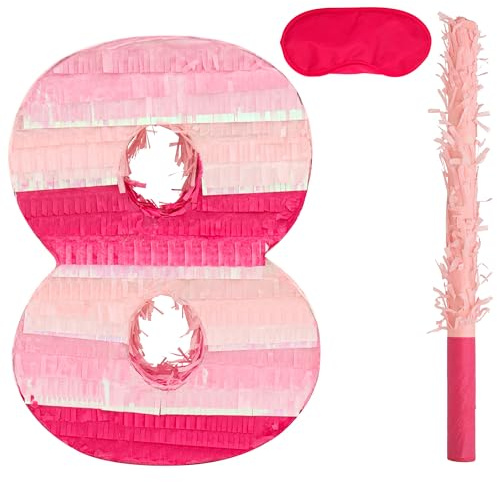 Birchio Rosa Zahlen-Piñata-Set mit Augenbinde und Fledermaus (41 x 29.5 x 10 cm), Piñata mit der Zahl 8, perfekt für Geburtstagsfeiern, Mädchenpartys und als Dekoration