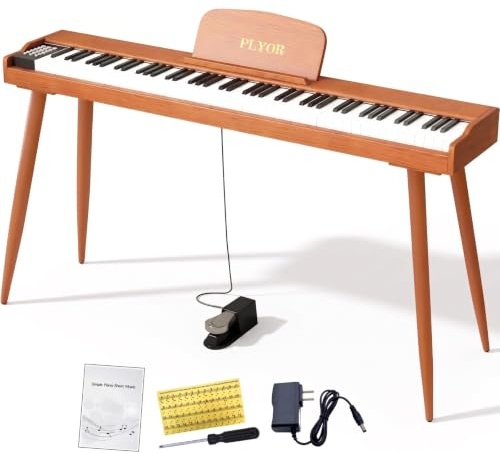 PLYOR 88 Key Digital Piano Keyboard with Stand & Sustain Pedal, Full-Size Semi Weighted Electric Piano for Beginners/Learners, Home Keyboard Piano with Headphone Jack, MIDI Connectivity, Brown