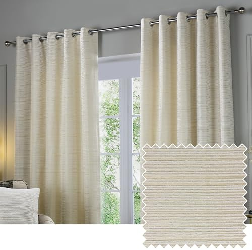 Paoletti Jupiter Room Darkening Eyelet Curtain Pair – Elegant Jacquard Chenille Lined Ring Top Drapes (Ivory/Gold - 168x183cm)