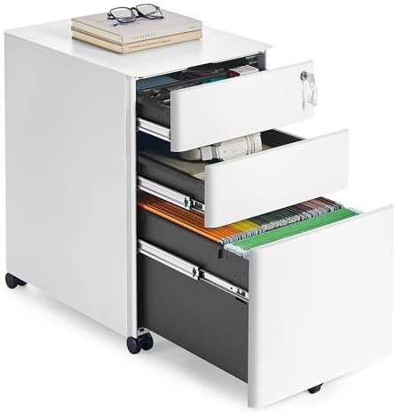 SONGMICS Aktenschrank mit 3 Schubladen, Rollcontainer, Stahl, abschließbar | Metallschrank, Druckerständer, 50 x 39 x 59 cm, für Homeoffice, Büro, mattweiß, BEREND Kollektion OFC032WG01