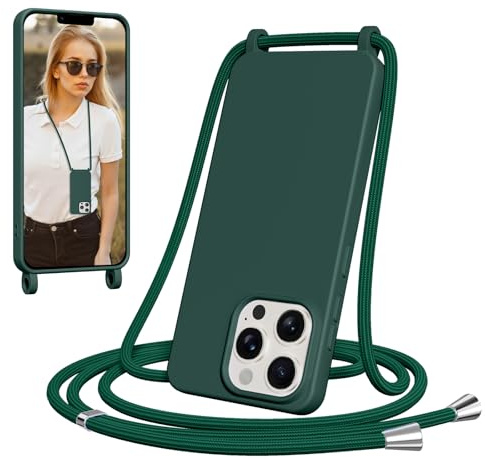 Yxnvixn Crossbody Lanyard Case for iPhone 13 Pro Max, Liquid Silicone Shockproof Protective Mobile Phone Cover with Strap Adjustable Neck Cord Necklace TPU Soft Shell for iPhone 13 Pro Max, Dark Green