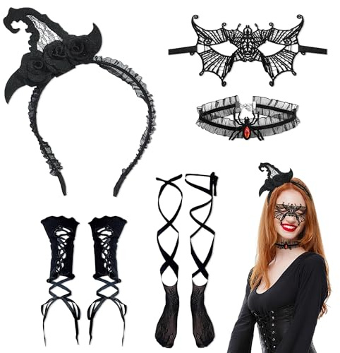 YiiHHooN Halloween Haarreif Damen, 5 Stück Set Hexenhut Haarreif, Hexenkostüm Damen mit Halloween Kopfschmuck Spitze Maske Halskette Strumpf Handschuhe für Karneval Accessoires