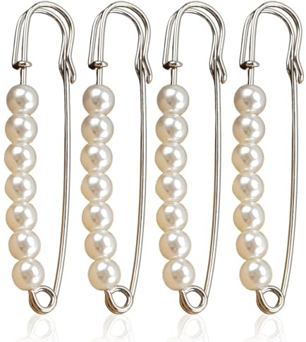 ELNX 4 Stück große Sicherheitsnadeln mit Perlen | 7,9cm Brosche mit Kunstperlen | Modische Sicherheitsnadel mit Perle | Dekorativer Bundstraffer für Kleidung, Pullover, Tücher, Röcke (Silber)
