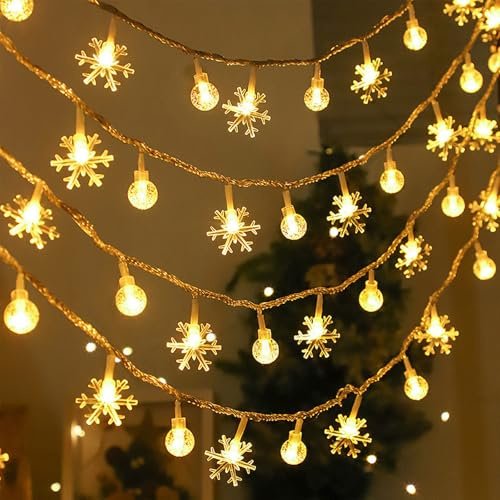 ENLACE LED Lichterkette, Schneeflocken und Kristallkugeln, 3M 20 LED Schneeflocke Lichterketten Batteriebetrieben, Warmweiß Weihnachts Lichterkette für Weihnachten, Zimmer, Party, Garten
