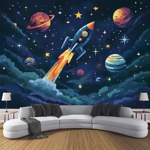 Fototapete Cartoon Weltraum Rakete 375×270cm(W×H) Vlies Tapeten Planet Universum Muster 3D Tapete Wanddeko, XXL Moderne Wandtapete Wohnzimmer Schlafzimmer