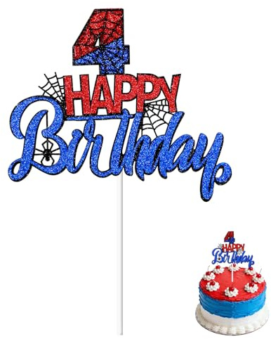 Spider Birthday Cake Topper, Red and Blue Glitter Double-Sided Spider Theme Happy Birthday Cupcake Topper for Cartoon Themed Boys Girls Party Decoration Supplies(Number 4)