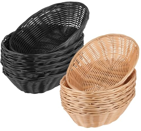 SYUTBOU 12 cestas de pan trenzadas, 23 x 15 x 6 cm y 23 x 16 x 6 cm, ovaladas, de plástico, color negro y marrón, cesta trenzada para cocina, restaurante, cafetería