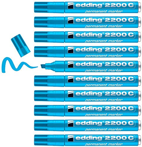 edding 2200 C permanent marker - light-blue - box of 10 - chisel tip 1-5 mm - quick-drying permanent marker pen - waterproof, smudge-proof - for cardboard, plastic, wood, metal, fabric