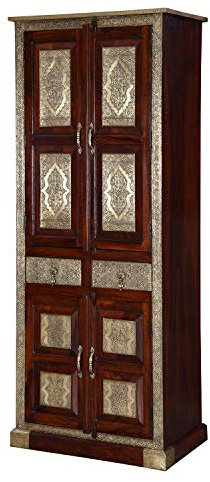 Casa Moro Orientalischer Kleiderschrank Arian 80x52x205 cm (BxTxH) aus Massivholz mit Messing verziert | schmaler Drehtürenschrank im Kolonial-Stil mit 2 Schubladen & 4 Türen | MA26-310