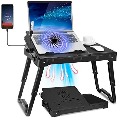 Laptop Table Stand for Bed, Adjustable Laptop Desk for Bed, Portable Desktop Lap Desk with Cooling Fan and 4 USB Port, Foldable Computer Lap Desk for Bed Sofa Couch Floor(Black)