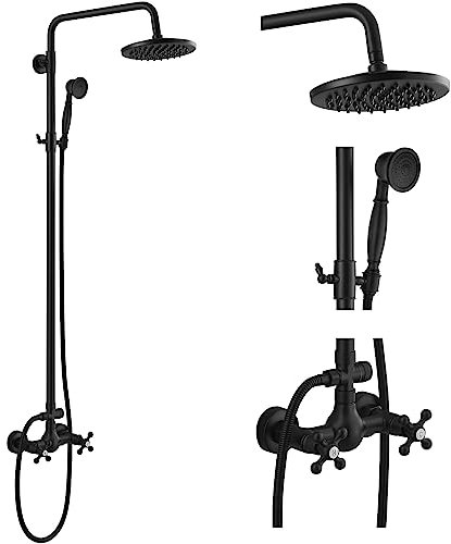Matte Black Rain Shower System Set 2 Cross Knobs Mixing 8 Inch Rainfall Shower Head with Handheld Spray Bathroom Shower Faucet Wall Mounted
