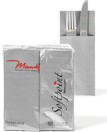 Mank Lot de 50 Serviettes à Couverts en Softpoint - 40 x 33 cm, Pliage en 8 Avec Fente - Pour Pub, Restauration et Célébrations - Grises