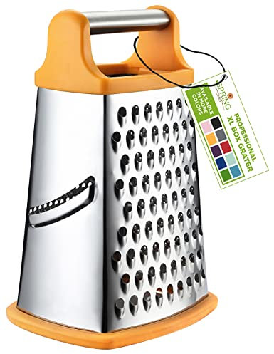 Spring Chef Handheld Edelstahl XL Parmesan Käsereibe mit Griff - 4-seitige manuelle Box Reibe für Küche - Spülmaschinenfester Käsezerkleinerer für Karotte, Kartoffel, Gemüse, Hash Brown - Mango