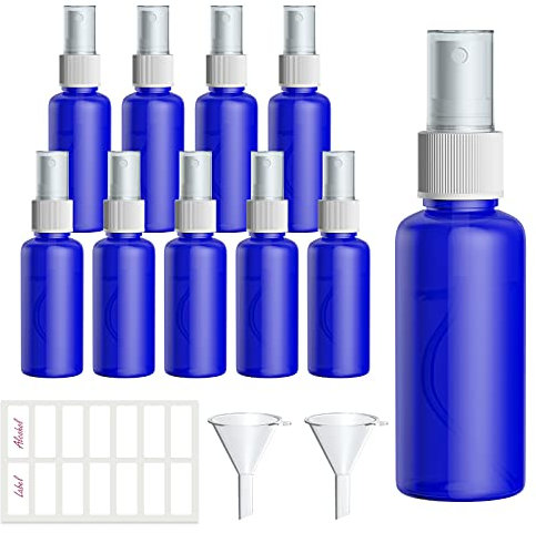 Qoosea Botellas de aerosol Juego de Botellas de viaje de Plástico de Niebla Pequeña 10 Unidades 50ml Atomizador de Líquido Recipientes Recargables con 2 Embudos y 1 Etiquetas (azul)