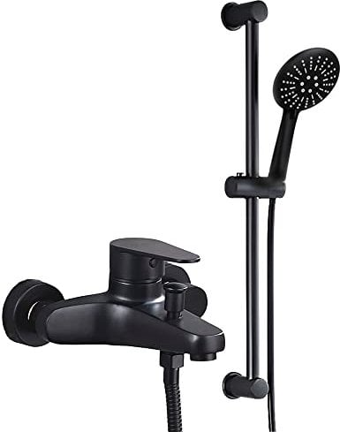 Duschstange Edelstahl mit Badewannenarmatur mit Handbrause mattschwarzes sus304-Edelstahl-Finish, Duschkopf mit Schlauch 150 cm und Brausehalter Wand