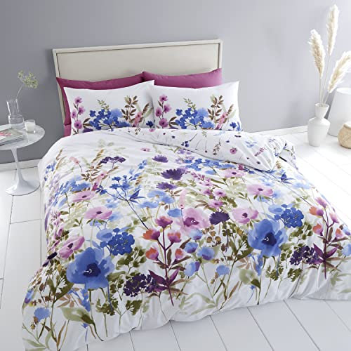 Catherine Lansfield Bedding Countryside Floral Double Duvet Cover Set with Pillowcases Pink/Blue