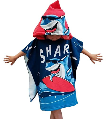 JFAN Toallas de Baño Infantiles Niños Toalla Con Capucha Niños Animados Microfibra Toalla Playa Poncho NiñAs Natacion Accesorios 2-10 Años,Tiburón