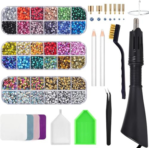 Bedazzler Kit with Rhinestones, Hot Fixed Gems Craft Applicator - Diamond Painting Pen, Wax Pencil, Tweezers, Tray, Cleaning Brush & Cloth, 28 Colors Rhinestones Crystals for DIY Clothes Shoes