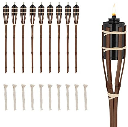 Relaxdays Torche de Jardin en Bambou, lot 10, avec mèches supplémentaires, Hauteur : 70 cm, pour extérieur, Marron