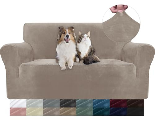 YSTELLAA Samt Sofa Überzug 2 Sitzer, Stretch Sofahusse Universal, Sofaschoner rutschfest, Sofa Covers Mit Armlehne, Couch Bezug Schutz Katze, Waschbare Couchschoner, Khaki