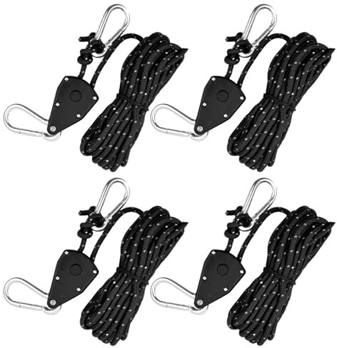 4 Pièces Corde de Tente Réfléchissante, 4mm Cordes à Cliquet avec Crochets, 5M Corde De Camping Légère pour Tente, Paracorde Corde avec Poulie pour Auvent, Tente, Bâche, Randonnée Extérieur (Noir)