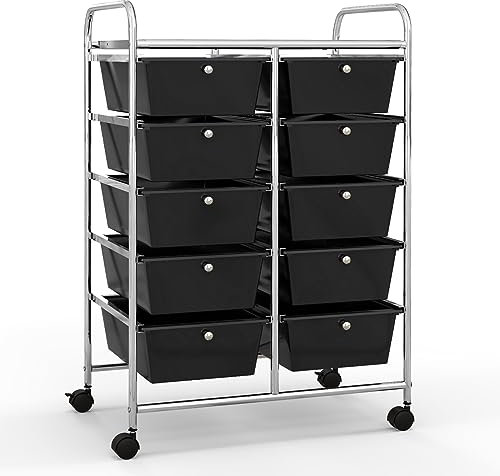 KOMFOTTEU Rollwagen mit 10/15 Schubladen stapelbar, Badrollwagen Rollcontainer mit Metallrahmen, Allzweckwagen Haushaltswagen Beistellwagen für Bad & Küche (Schwarz, 10 Schubladen)
