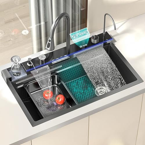 Fregadero de cocina Nano negro de acero inoxidable 304, con cascada, estación de trabajo, fregadero de cocina con pantalla digital multifuncional, grifo extraíble para lluvia y mosca (negro, 68 x 45 x