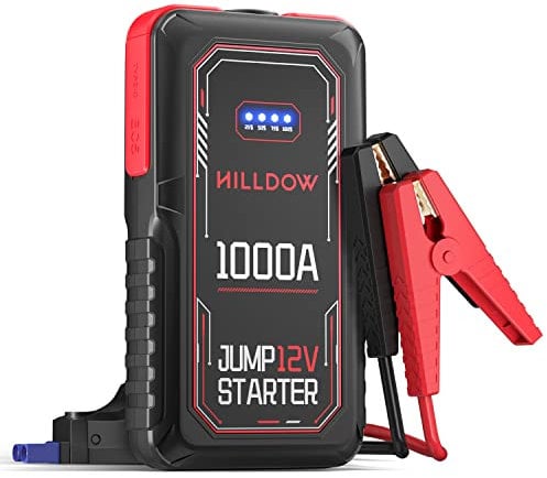 Avviatore per auto, Hilldow 1000A Avviatore di emergenza per auto (5L benzina o 3,5L diesel), Avviatore per batteria auto per auto da 12 V, Torcia elettrica, Ricarica USB