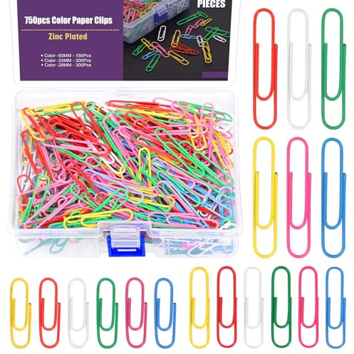 Swpeet 750Pcs 1.1/1.3/2 Zoll farbige Papierklammern Verschiedene Größen Kleine, Mittel und Große, beschichtete Metall-Papierklammern Wiederverwendbar für Büro-Schuldokument-Organisation