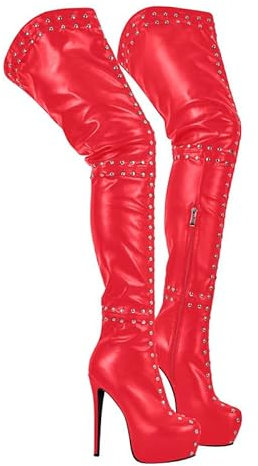 blingqueen Damen Plateau Overknee Boots Stiletto Stiefel Nieten Punk Lederimitat Rot 41 EU