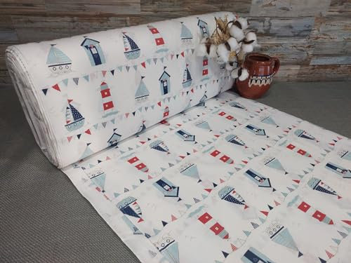 240cm Breit Meterware ab 50cm Popeline Baumwolle Stoff Baumwollstoff Kinderstoffe Stoffe Leuchtturm Babystoffe Ranforce Bastelstoff ÖKO-TEX VP0K074 (Leuchtturm)
