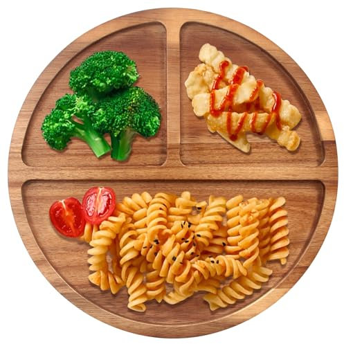 Renawe Acacia Wood Portion Control Plate, Divided Dinner Plate for Adults & Weight Loss, 10 Inch Round, Natural