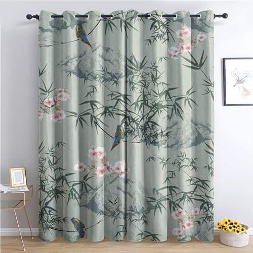 SZLYZM Chinoiserie Orientalisch Vorhänge, Verdunklungsvorhänge mit Muster Blumen Vogel Grün Blatt, Vorhang Blickdicht mit Ösen, Gardinen für Wohnzimmer Schlafzimmer Deko 2er Set - 137x117 (H X B)