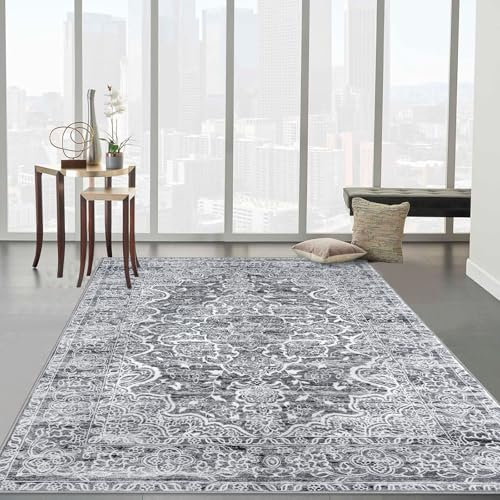 KUTA Teppich für Wohnzimmer, waschbar, 10 x 15 cm, orientalisch, Used-Look, Tribal-Grau, rutschfest, Esszimmerteppich, extra weicher Niederflor, bedruckt, traditionelles Medaillon, Kunstwolle, Teppich